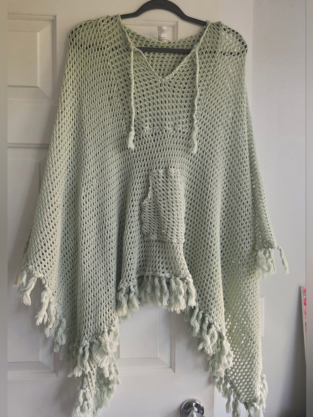 Free People Mint Green Crochet Hooded Poncho